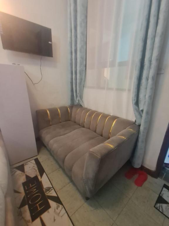 a brown couch in a living room with a television at MAGLO bnb in Nakuru