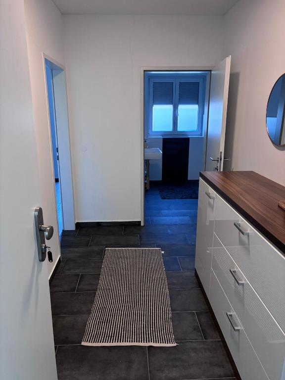 a kitchen with a counter and a door with a sink at Hügelland Apartment in Elxenbach