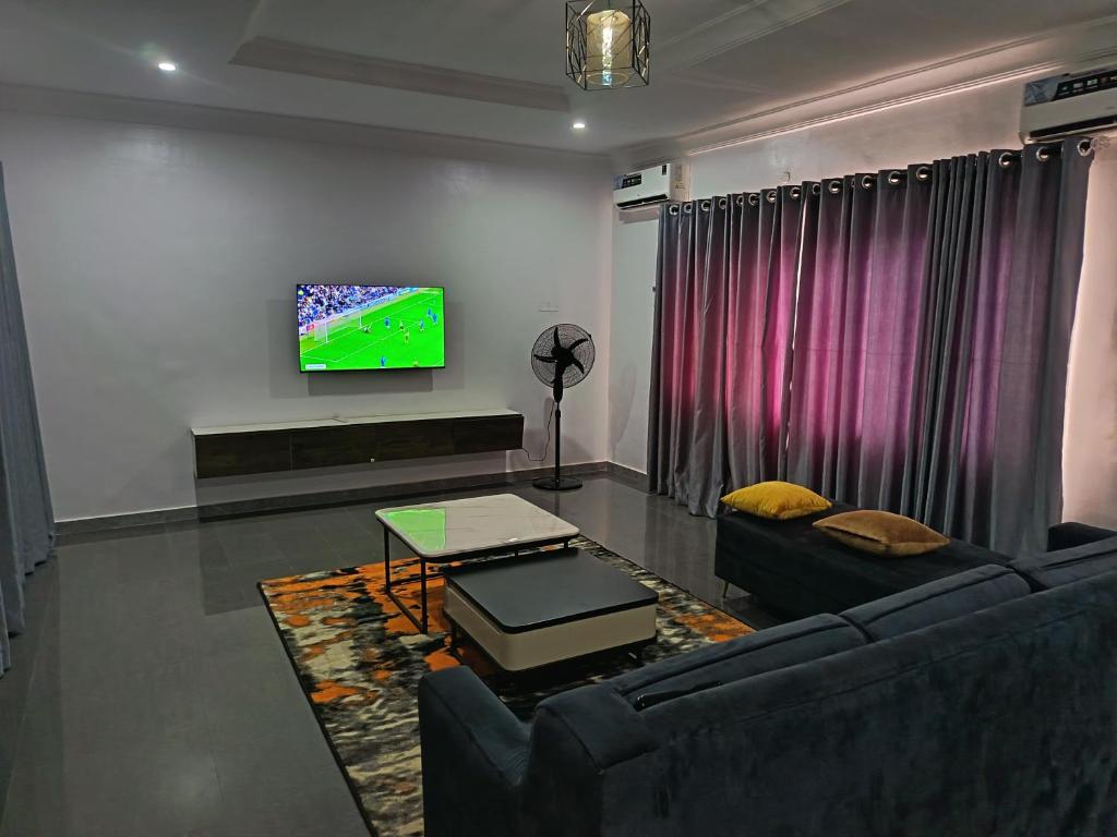 a living room with two couches and a tv at Kbazz apartments in Ibadan