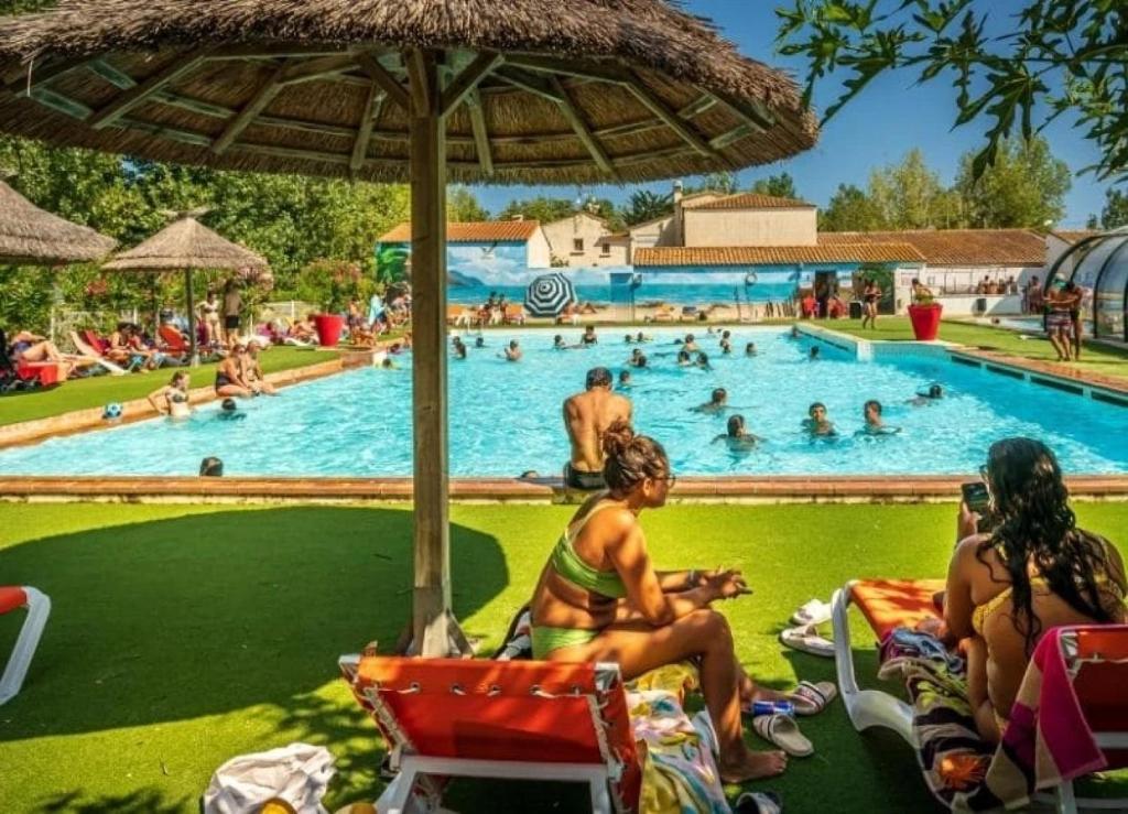 a group of people sitting in chairs at a swimming pool at ZEcamping 4 étoiles 500m plage piscine couverte animaux acceptés club enfant in Sérignan