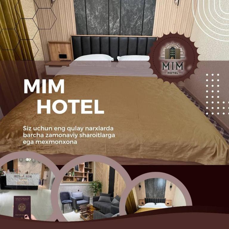a poster for a hotel with a bed in a room at Mim hotel in Magaldarkhan