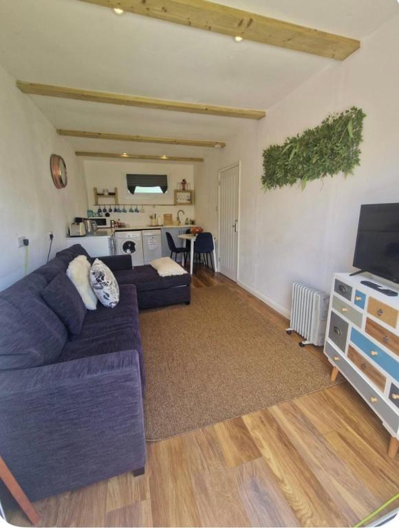 a living room with a purple couch and a kitchen at Lovely garden cabin in Luton