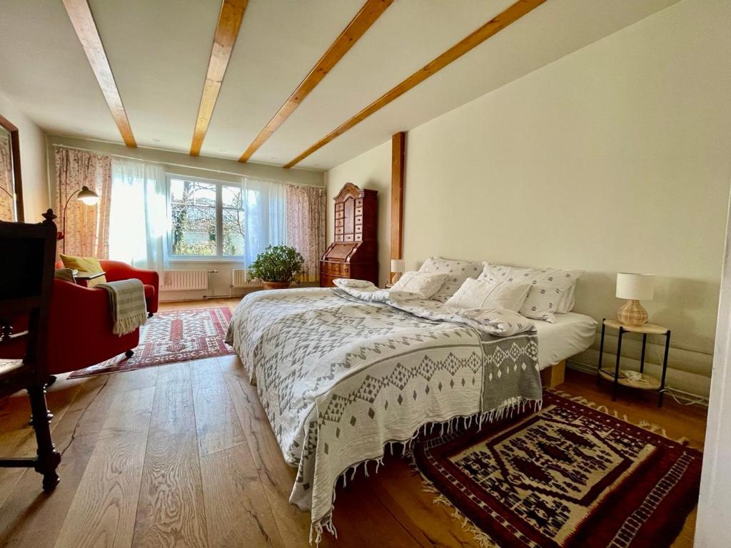 a bedroom with a large bed and a window at Studio Auenland in Kottingbrunn