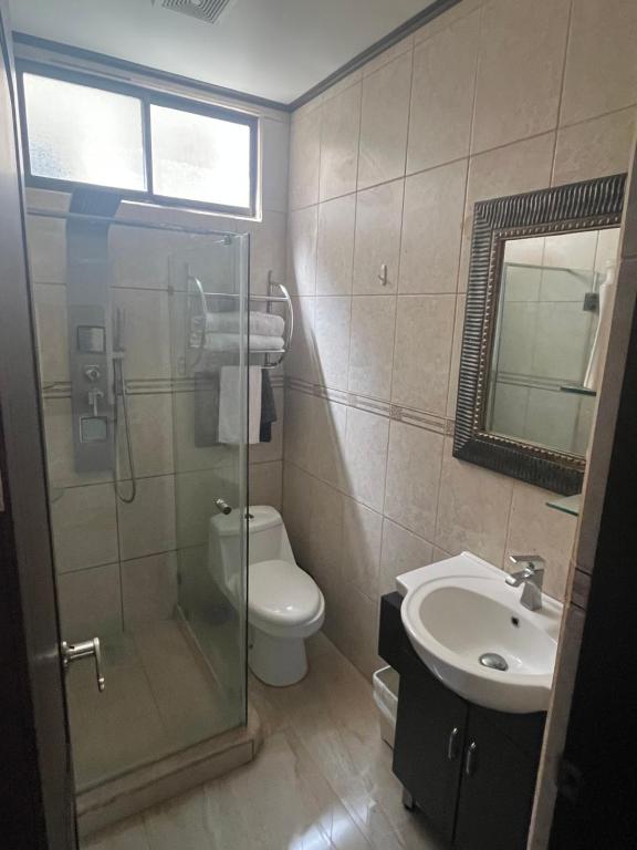 a bathroom with a shower and a toilet and a sink at Cozy room La Flor in Jacó