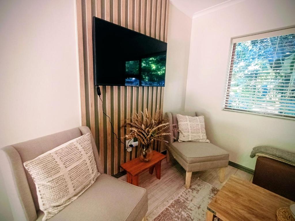 a living room with a couch and a tv at GreenPeace in Stellenbosch