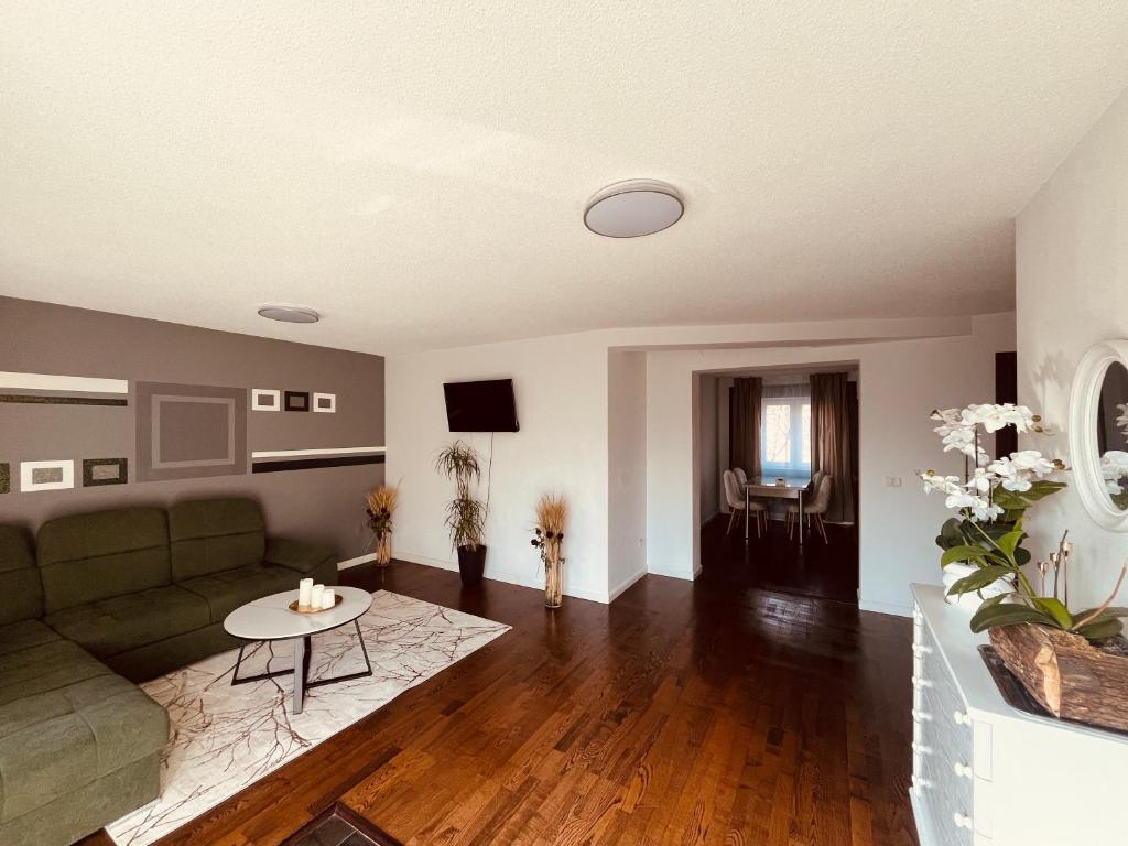 a living room with a couch and a table at AgroVila ABEL in Şoimoş