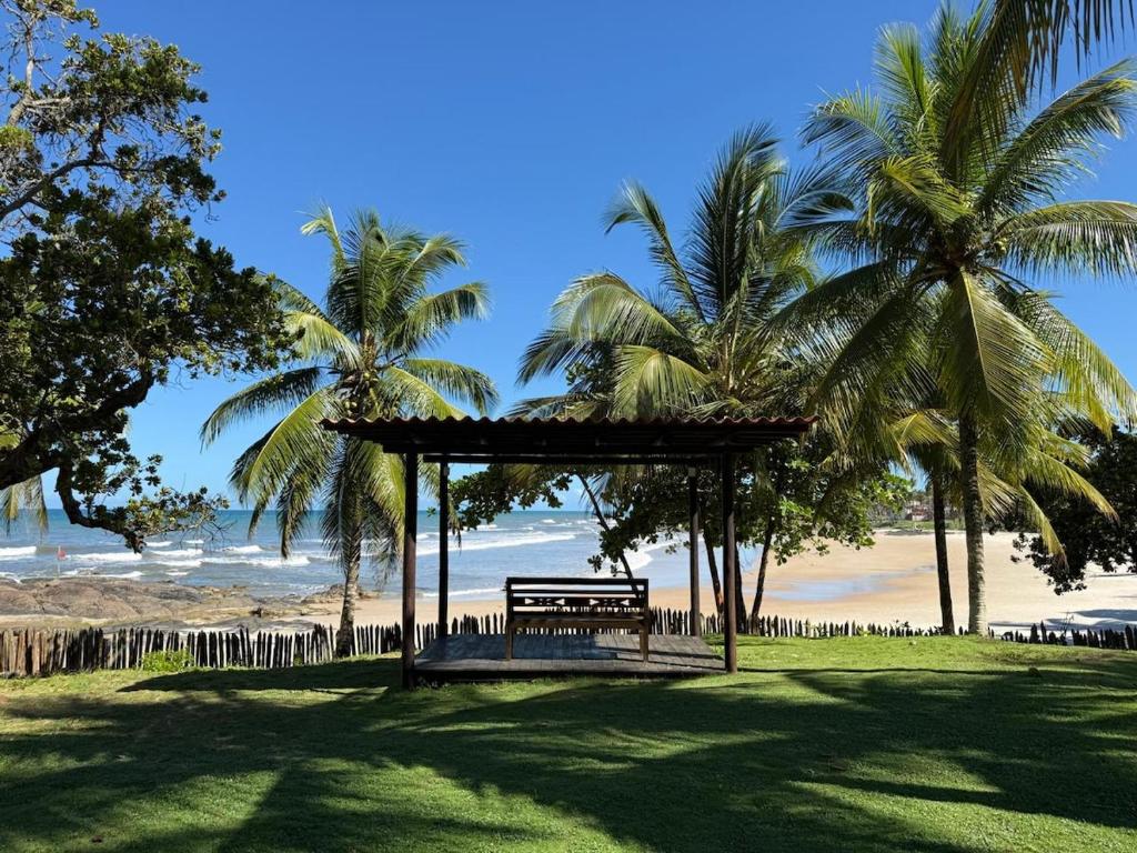 a park with a bench and palm trees on the beach at Flat Ilhéus Olivença pé na areia no Condomínio Jubiaba in Ilhéus