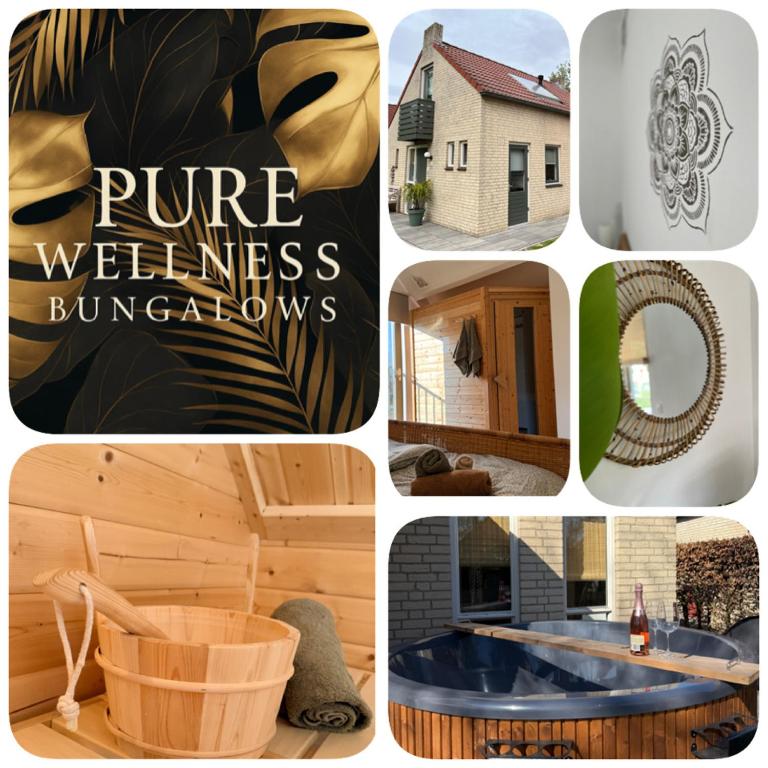 a collage of pictures with a house and a tub at Pure Wellness Bungalows 52 Sauna&Hottub in Ewijk