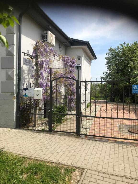 a gate with purple flowers in front of a house at Dombi Porta in Erdőbénye