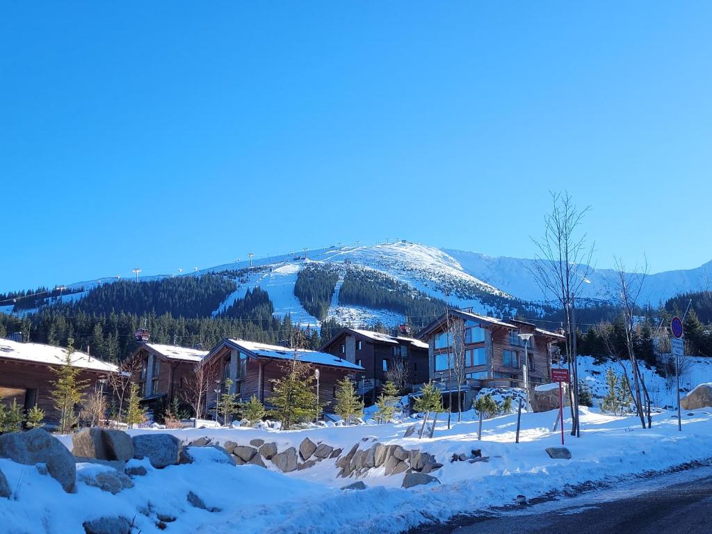 a town in the snow with a mountain in the background at CHALET SCALA SIX JASNÁ - FREE Jacuzzi & Sauna & Breakfast ! in Belá