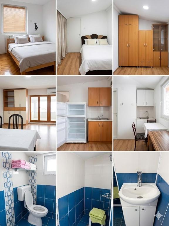 a collage of four photos of a hotel room at Entire Villa or Rooms! Spacious Villa in Nizepole Hiking, Peace, Private Events in Bitola
