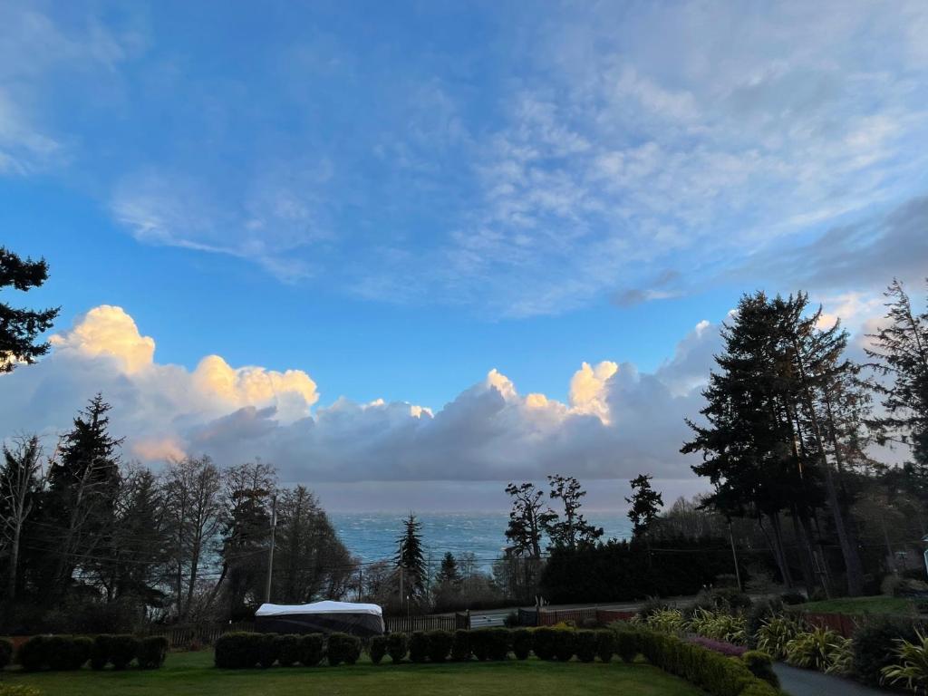 a view of the ocean under a cloudy sky at Acre By the Sea Guest Suite in Sooke