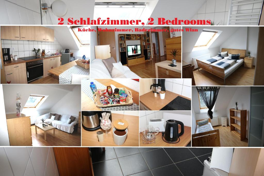 een collage van foto's van een keuken en een woonkamer bij Nadines Ferienwohnung in Krefeld