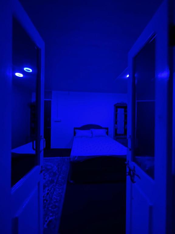 a dark room with a bed in a blue room at Jojos homestay in Mirik