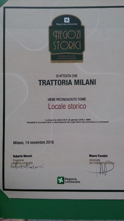 Certifikát, hodnocení, plakát nebo jiný dokument vystavený v ubytování Trattoria Milani