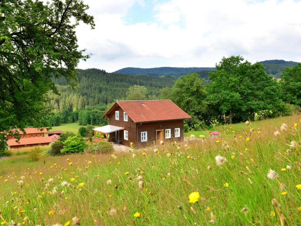 a house on a hill with a field of flowers at holiday house in the Bavarian Forest in Drachselsried