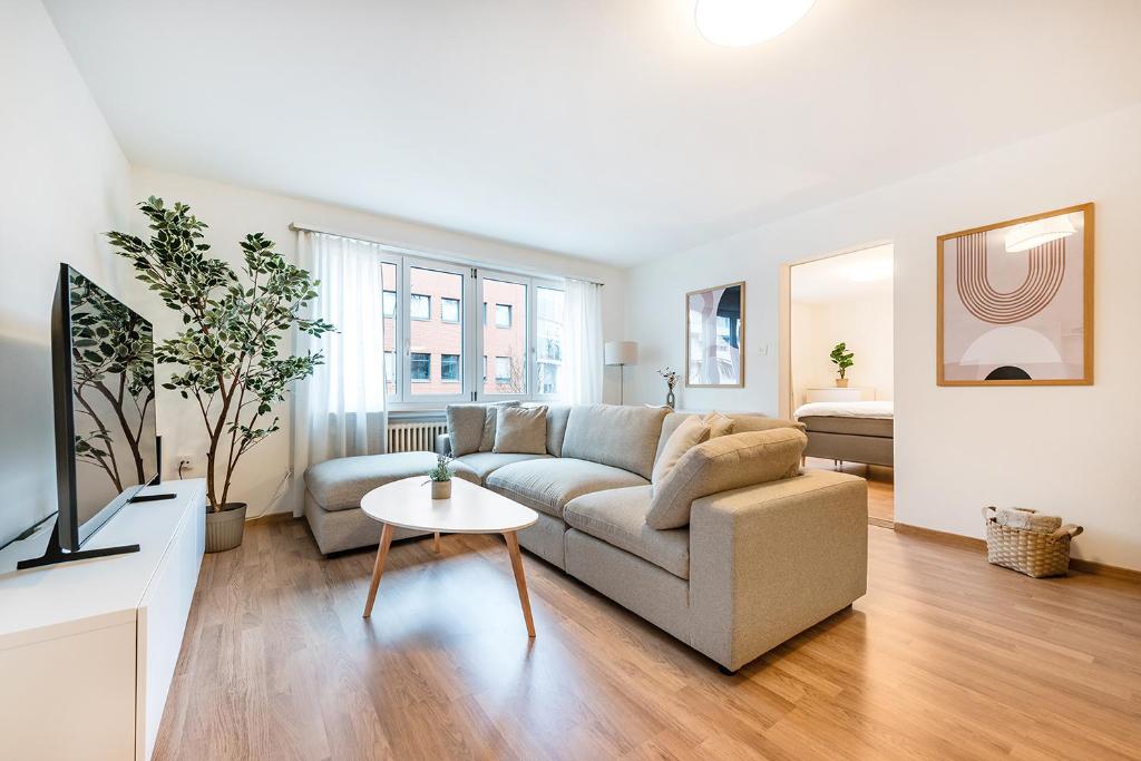 a living room with a couch and a table at SOHO A !Gratis parken, Free Parking! in Kreuzlingen