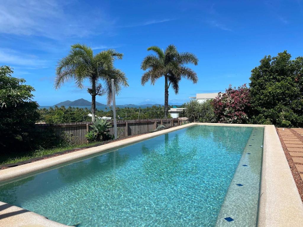 a swimming pool with palm trees in the background at Le Reve Wake up to sunrises and tropical breezes in Mission Beach