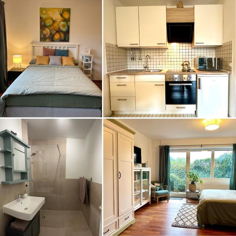three different views of a kitchen and a bedroom at Ferienappartement Dümmerling in Lembruch in Lembruch
