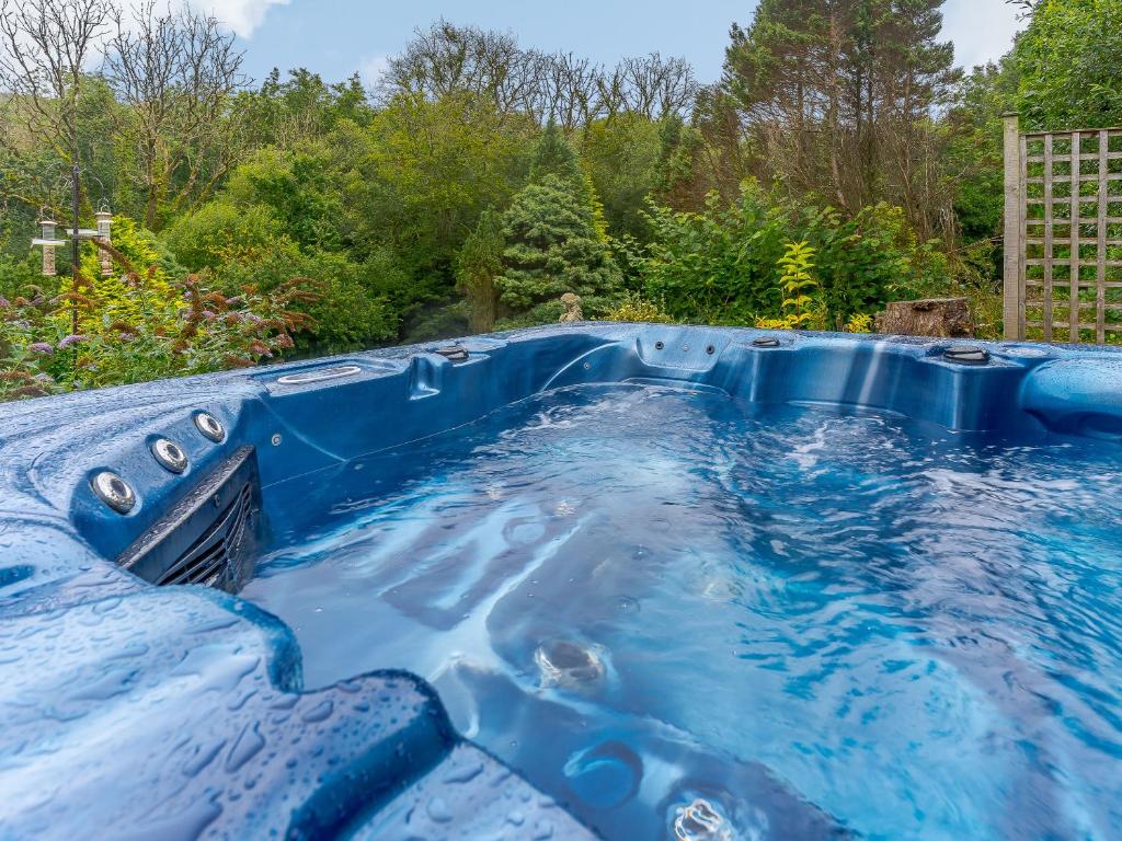 a pool in a backyard with blue water at Ivy Cottage - Uk35243 in Llanfyrnach