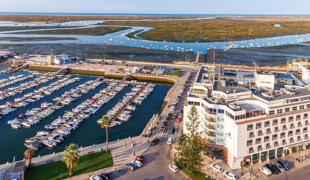 Vista aérea de uma marina com barcos em AP Eva Senses em Faro