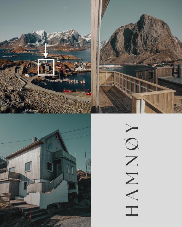 a collage of photos with a house and a mountain at Hamnøy Horizon Lodge in Moskenes