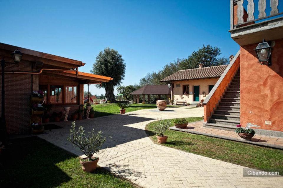 a courtyard of a house with potted plants and stairs at Poggio dei cavalieri in Boccea