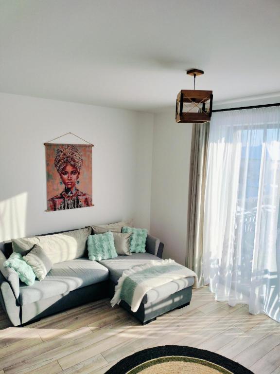 a living room with a couch and a window at Provence Ap 308 Băile Felix in Baile Felix
