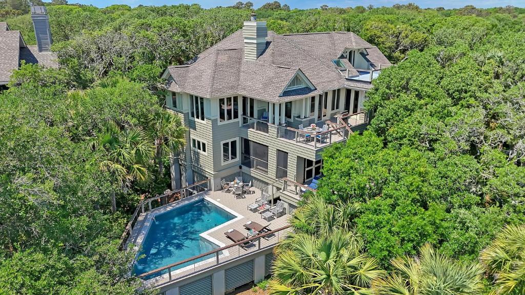 an aerial view of a house with a swimming pool at 338 Surfsong in Kiawah Island