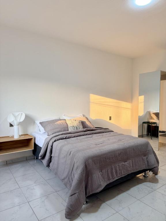 a bedroom with a large bed and a desk at Belisario Apartment in Ocotlán