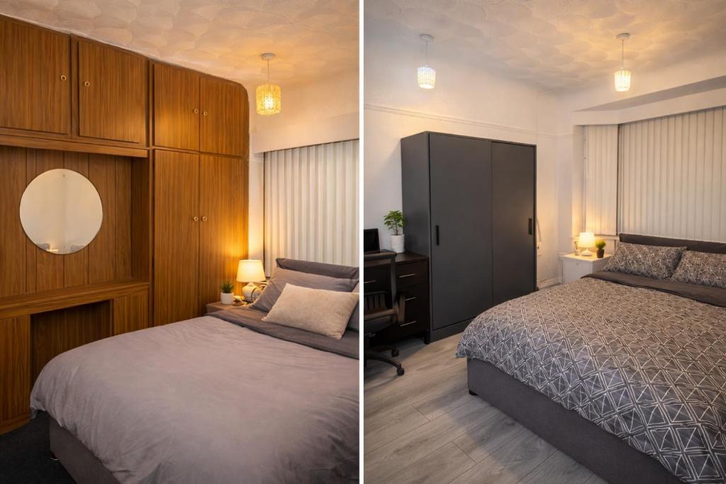 two pictures of a bedroom with a bed and a cabinet at EMGS property ltd in Liverpool