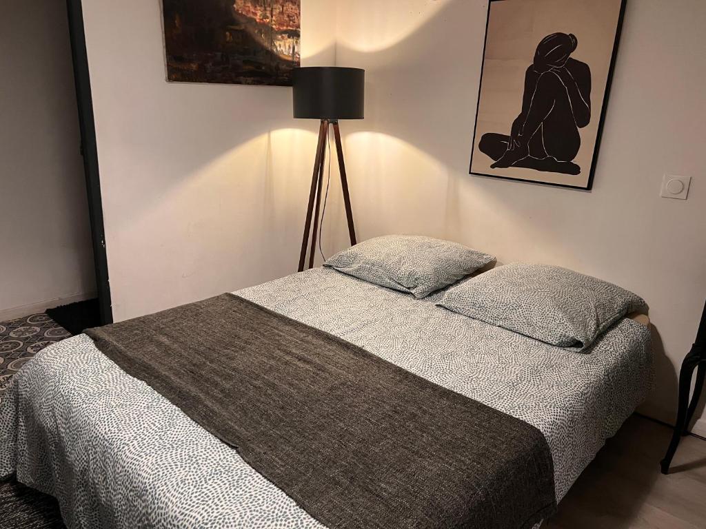 a bedroom with a bed and a lamp at 3- Le saule mauve in Poitiers
