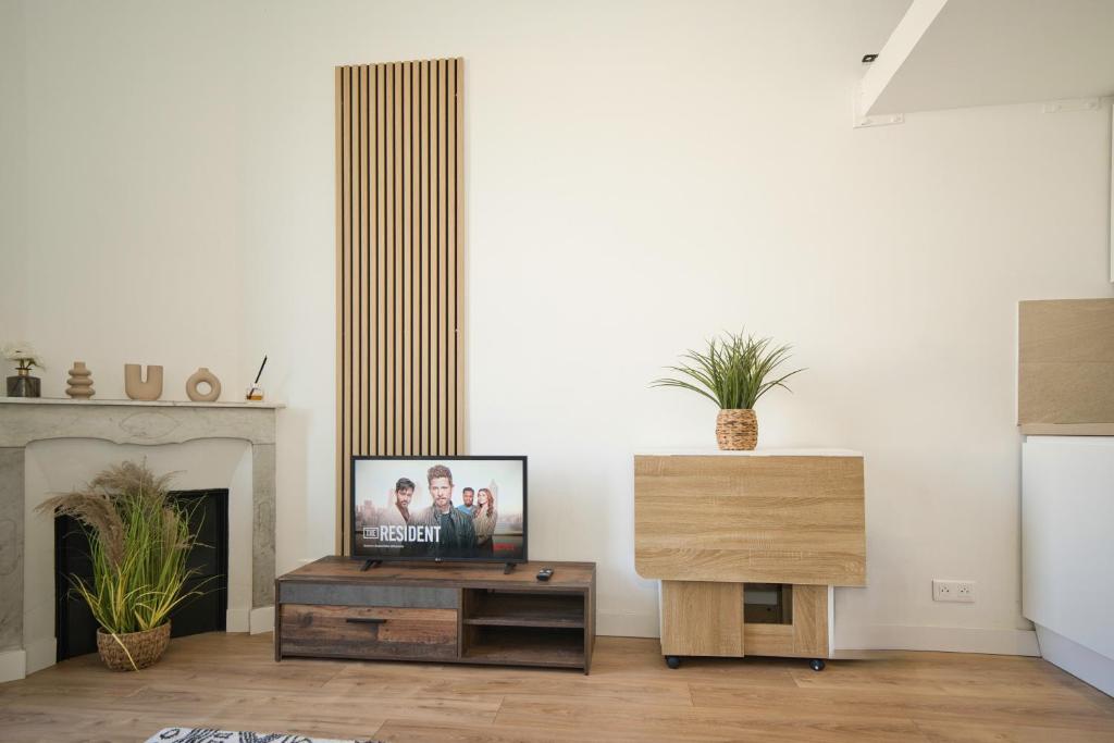 a living room with a tv and a fireplace at Nissa la bella in Nice