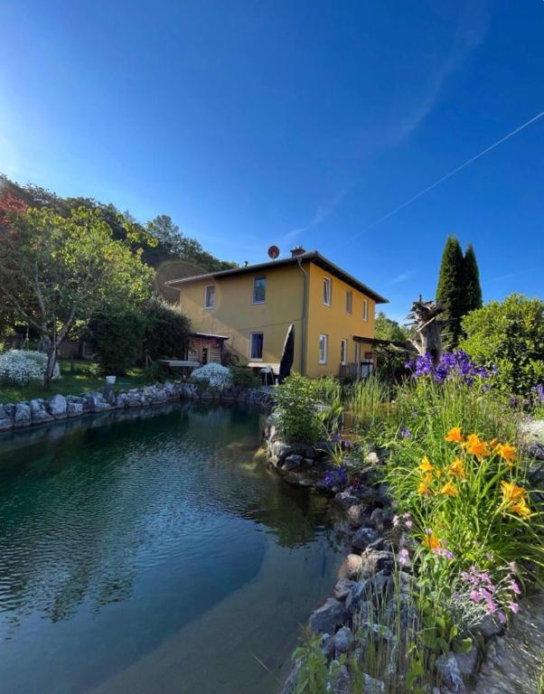 a house with a pond in front of a house at Garden Rooms near Munich in Althegnenberg
