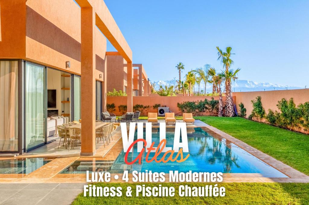 a magazine cover of a house with a swimming pool at Villa Atlas - Luxe - 4 Suites Modernes - Fitness - Piscine Chauffée - Terrain de Padel - Vue Montagne in Marrakesh