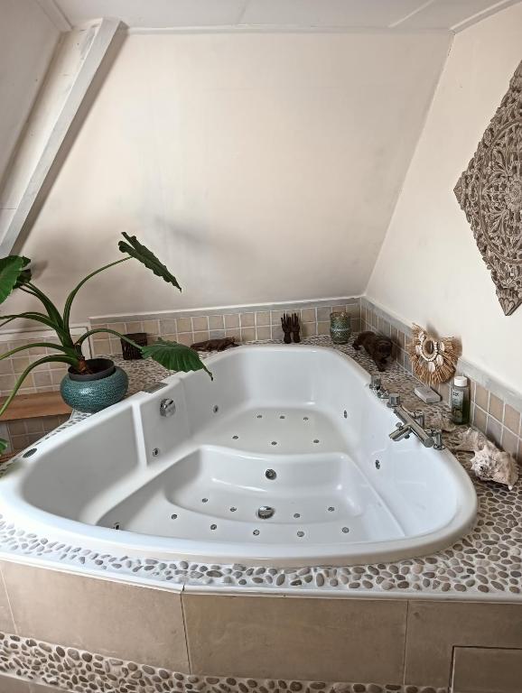 a large white tub in a bathroom with a plant at Modern Cozy Asian Style bedroom with Kingsize Spa bath in Westbeemster