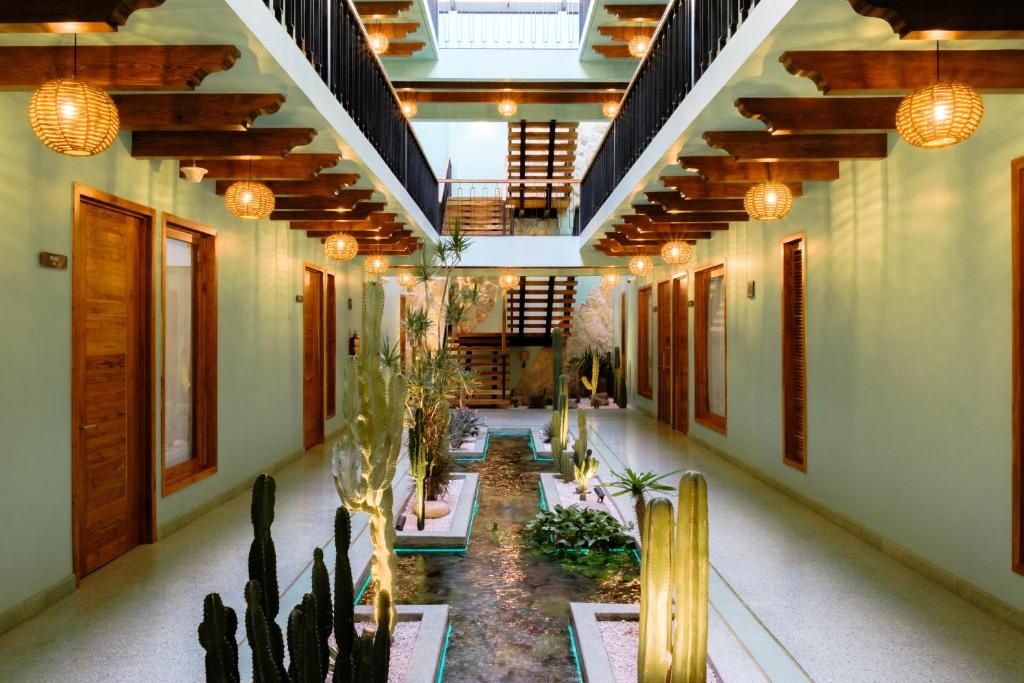 a hallway with potted plants and lights in a building at Luuna de Jade in Oaxaca City
