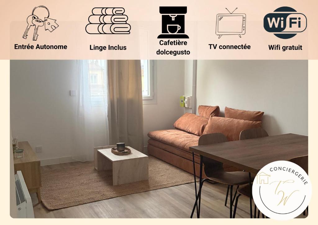 a living room with a couch and a table at Charmant Appartement Moderne B in La Roche-sur-Yon