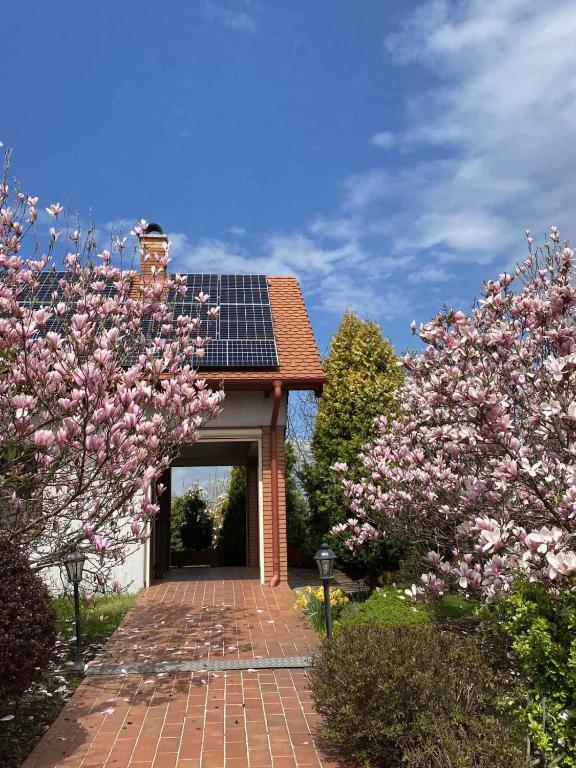 a house with a solar roof with flowering trees at Panoráma Villa Vágáshuta in Vágáshuta
