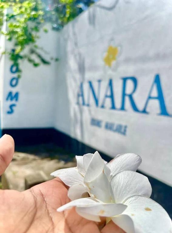 a person holding a white flower in front of a sign at Anara Villa in Unawatuna