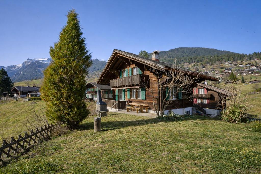 a log house on a hill with a tree at Cozy traditional Chalet, Stunning Mountain Views in Grindelwald