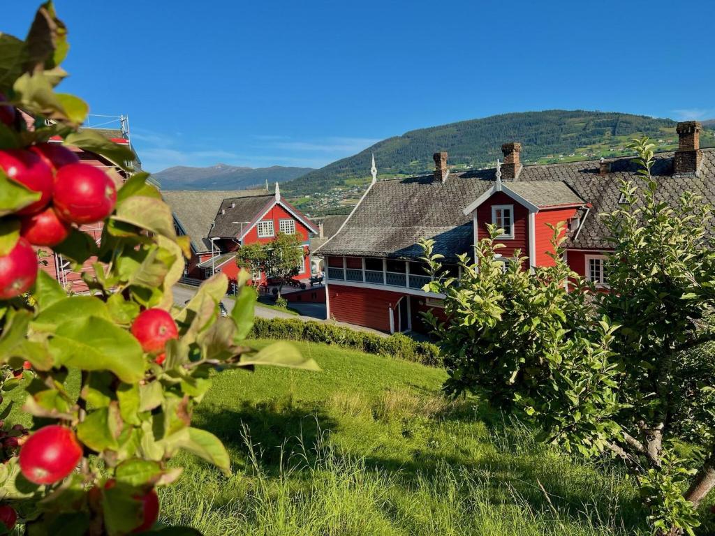 an apple tree in front of a red house at Voss Folkehøgskule in Vossevangen