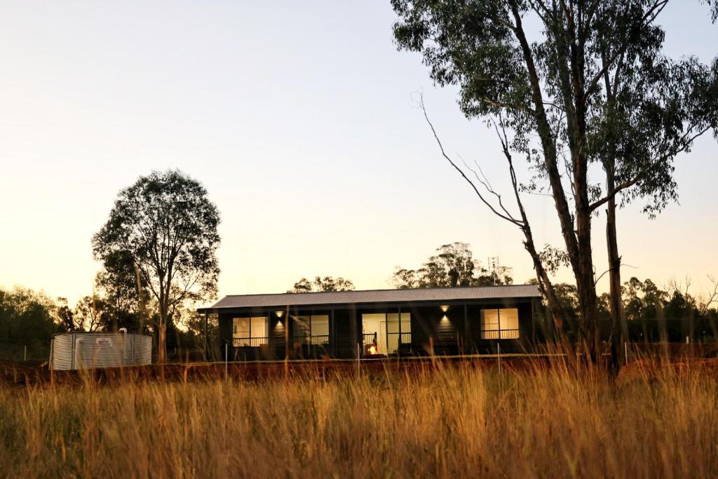 a house in the middle of a field at Rivergums Cottage in Dubbo