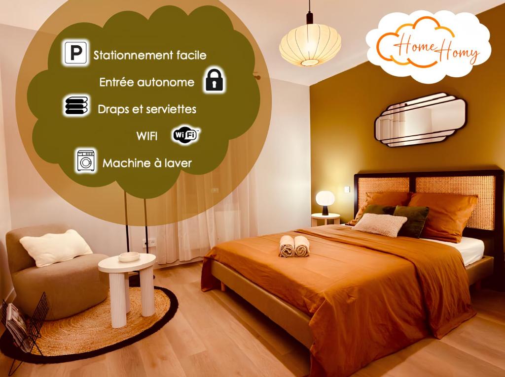 a bedroom with a bed and a sign that says home harmony at Le Modern Silhouette - Home Homy in Montluçon