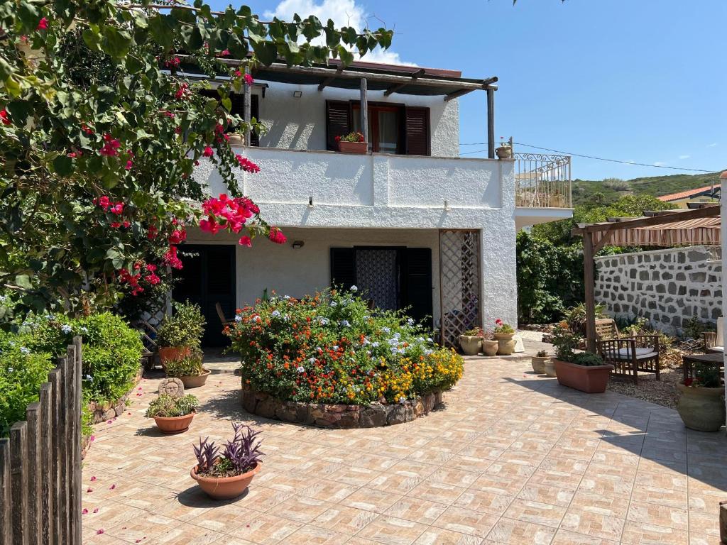 a house with a lot of flowers in front of it at Andrea E Valentina in S'archittu Cuglieri