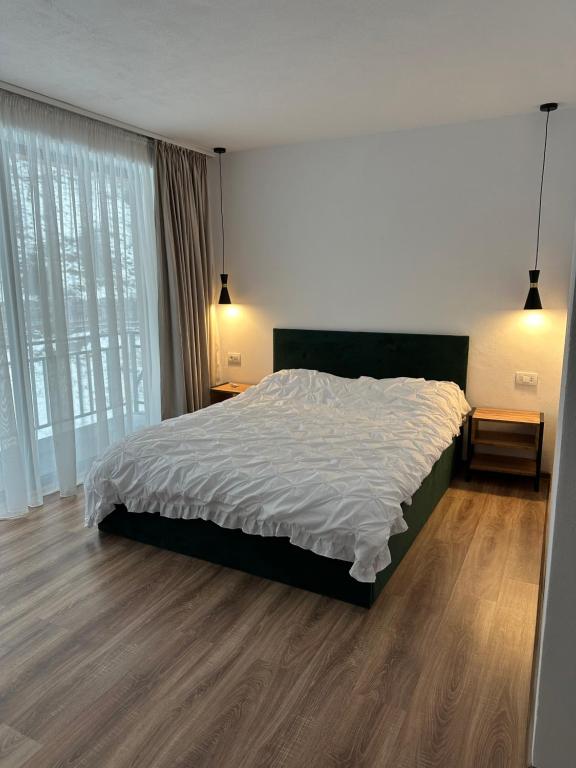 a bedroom with a large bed and a wooden floor at Casa Montwis in Brezoi
