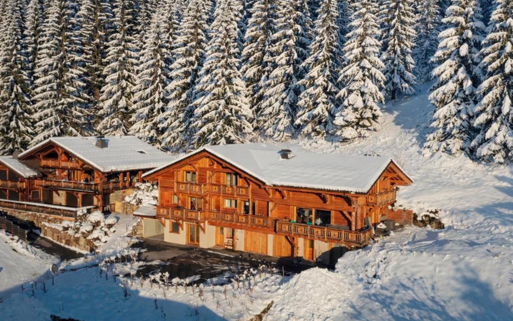 a log cabin in the snow with snow covered trees at Chalet Arpitan - les Carroz - Grand Massif in Les Carroz d'Araches