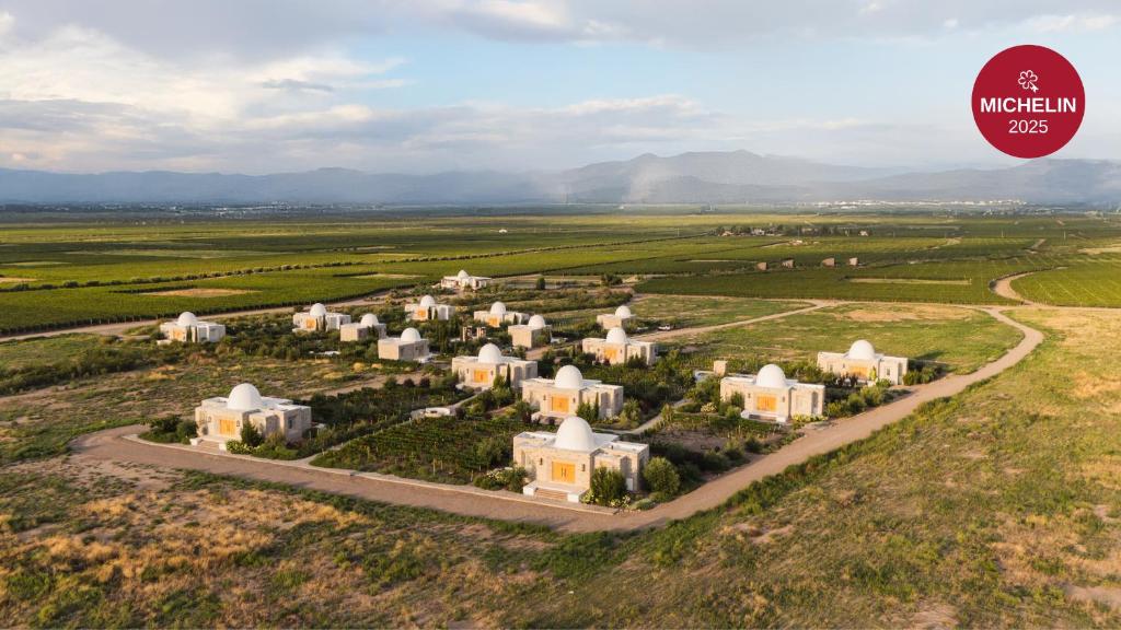 an aerial view of a village in the middle of a field at Chozos Resort in Agrelo