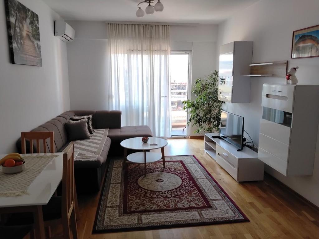 a living room with a couch and a table at AGA Apartman Podgorica in Podgorica