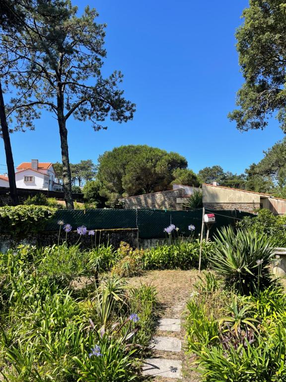 a garden with purple flowers and a fence at Casa do Pinhal in Moledo